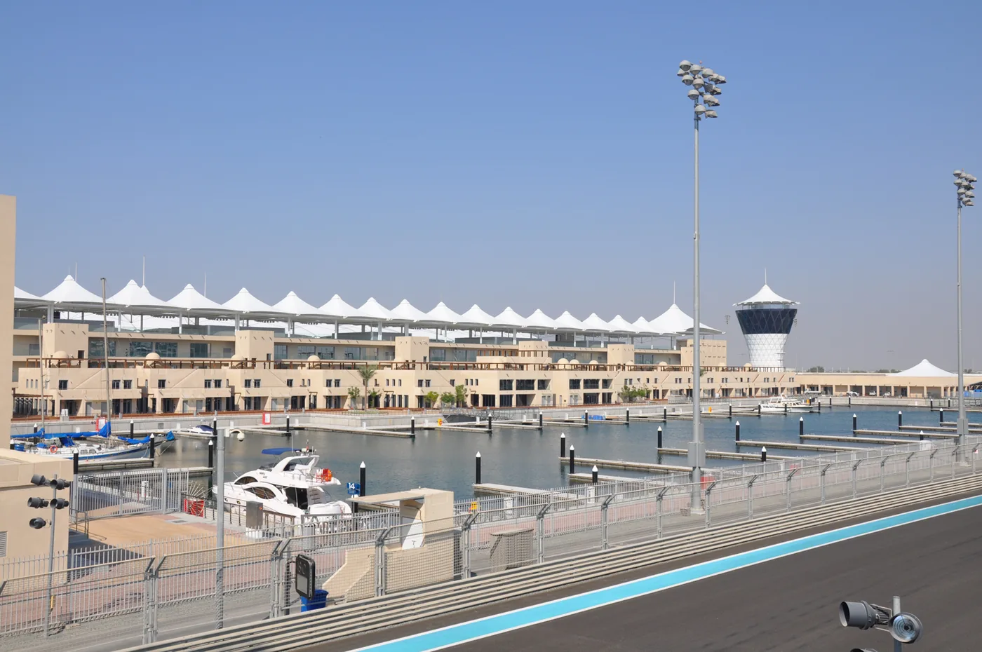 Yas Marina Circuit buildings and marina beside the race track, photographed in 2010